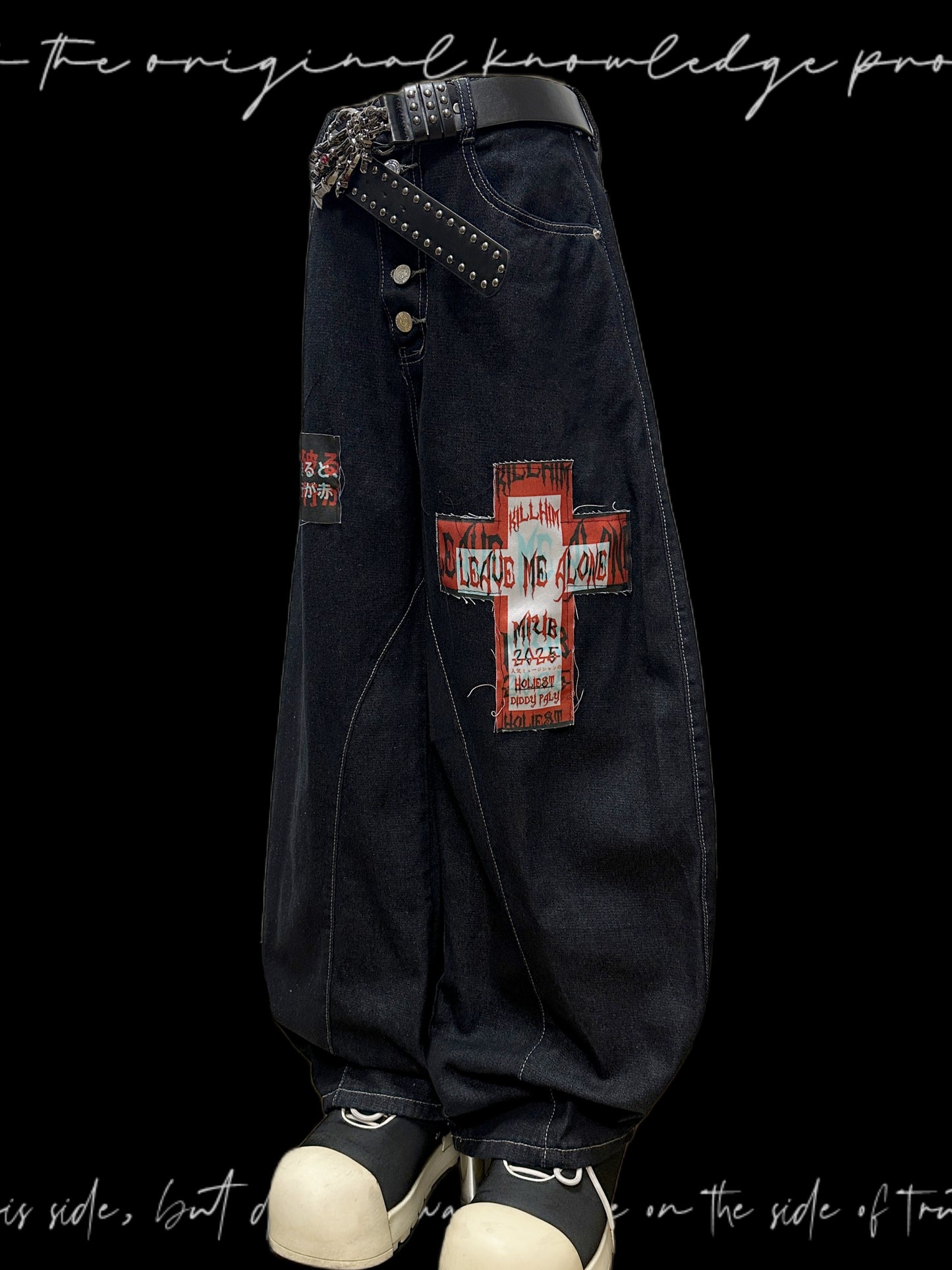 Graphic Patchwork Scimitar Wide Leg Denim Jeans & Belt & Chain & Scarf WN20132