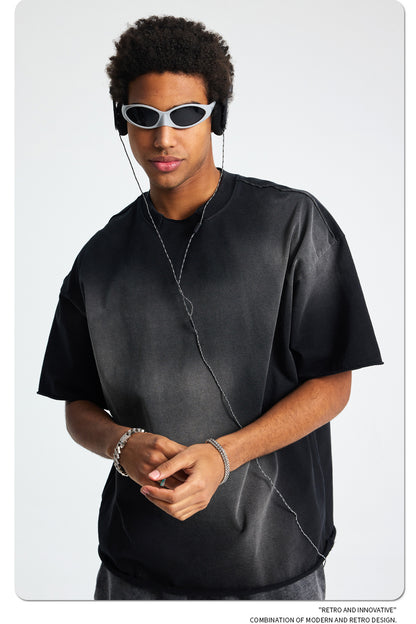 Spray Dye Raw Edge Damage Washed Short Sleeve T-Shirt WN16265