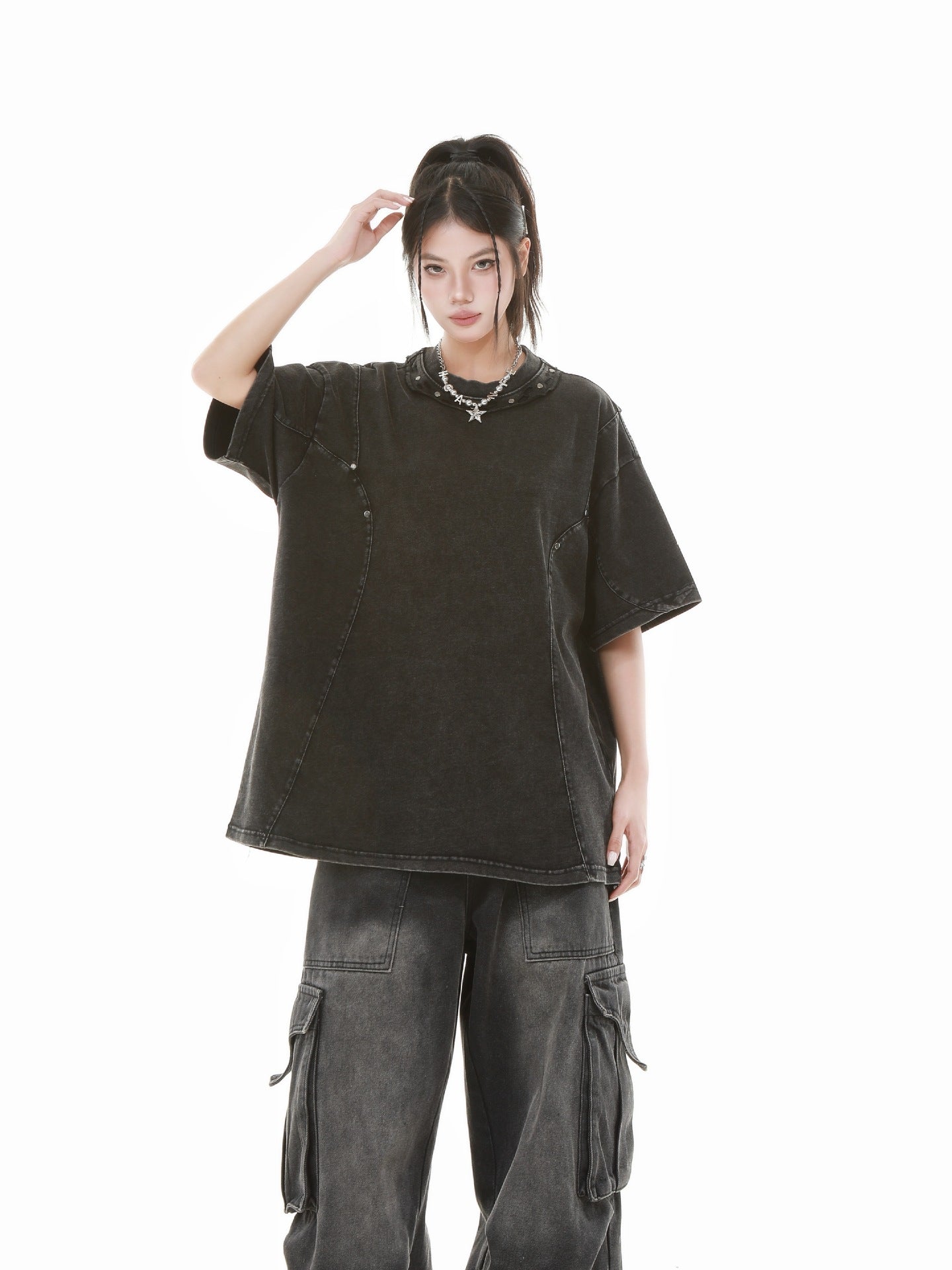 Heavy Washed Fade Stitching Short Sleeve T-Shirt WN25671