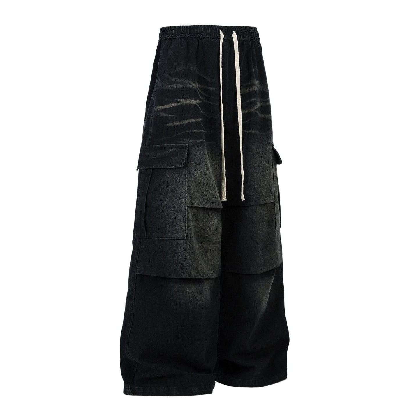 Washed Whisker Cargo Wide Leg Denim Jeans WN25976