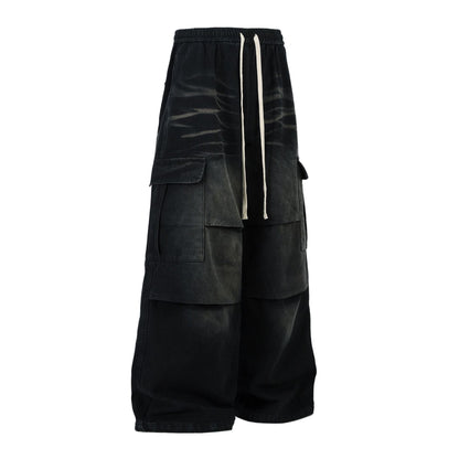 Washed Whisker Cargo Wide Leg Denim Jeans WN25976