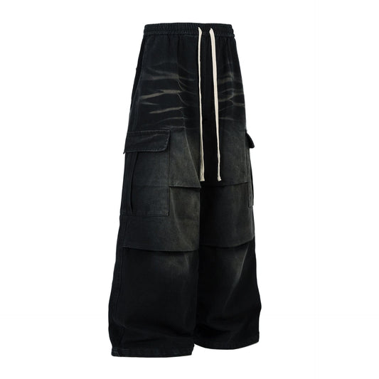 Washed Whisker Cargo Wide Leg Denim Jeans WN25976