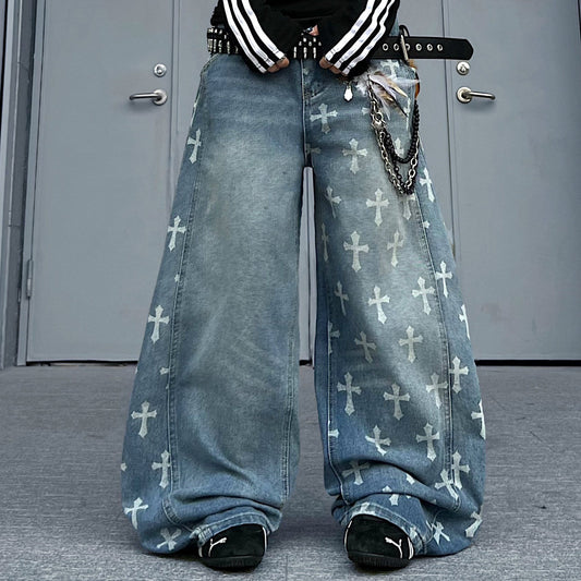 Cross Print Washed Curved Draped Wide Leg Denim Jeans WN24224