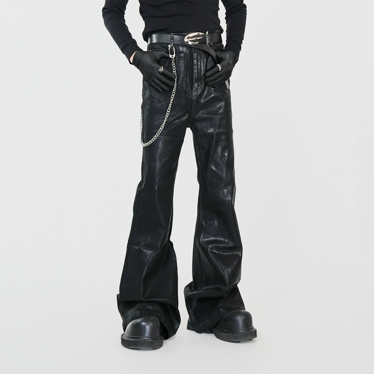 Waxed Coated Stretch Flare Denim Jeans WN17356