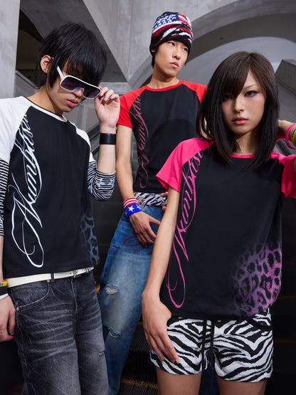 Raglan Leopard Letter Print Short Sleeve T-Shirt WN27236