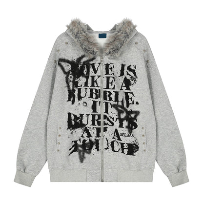 Graffiti Print Fake Fur Collar Zipper Hoodie WN21026