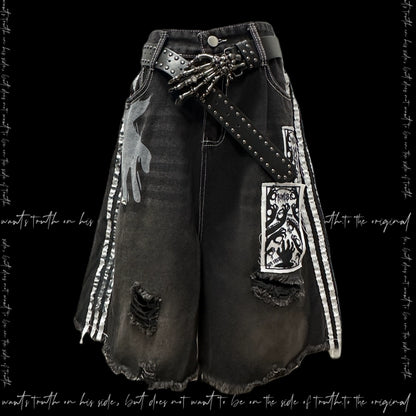 Side Stripe Damage Patch Wide Leg Half Denim Jeans & Skull Belt WN20106