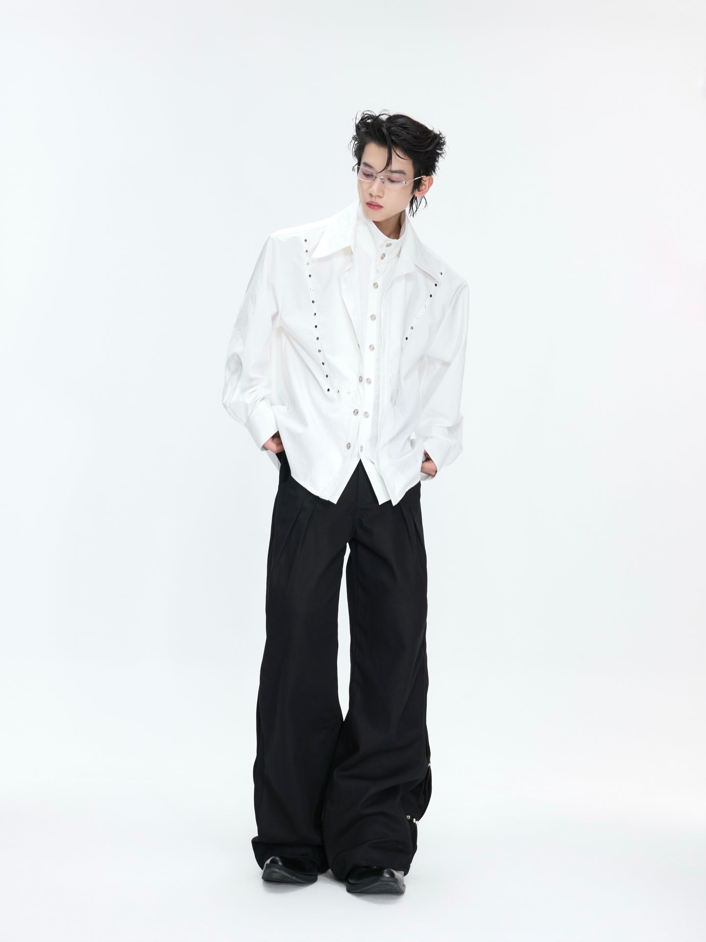 Fake Layered Stud Embroidery Oversize Long Sleeve Shirt WN26987