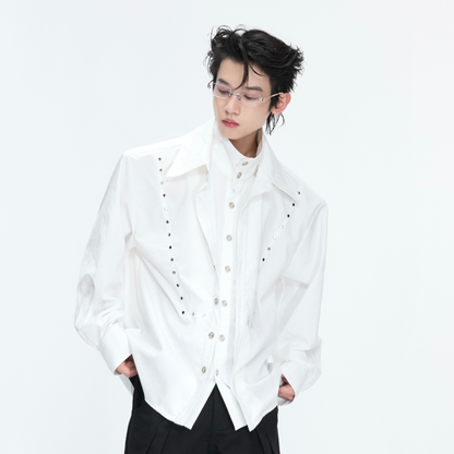 Fake Layered Stud Embroidery Oversize Long Sleeve Shirt WN26987