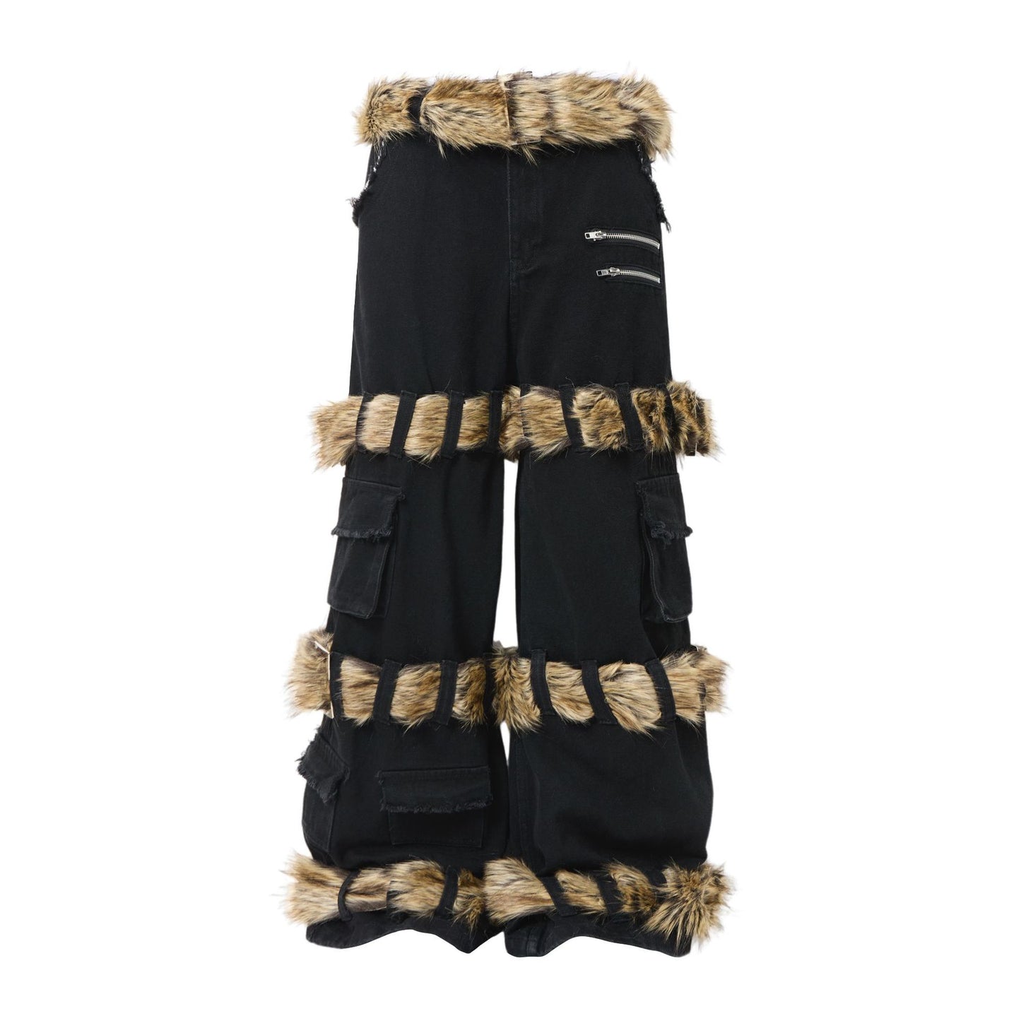Fake Fur Trim Multi-Pocket Wide Leg Cargo Pants WN23087