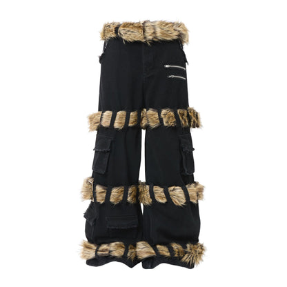 Fake Fur Trim Multi-Pocket Wide Leg Cargo Pants WN23087