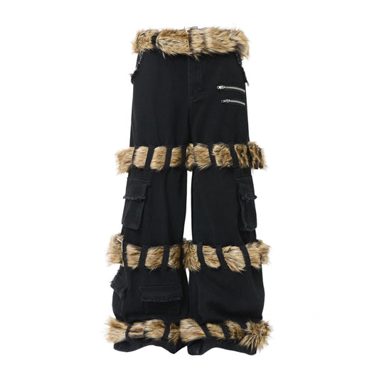 Fake Fur Trim Multi-Pocket Wide Leg Cargo Pants WN23087