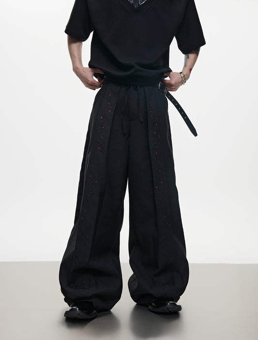 Rhinestone Embroidery Strap Wide Leg Trousers WN18367