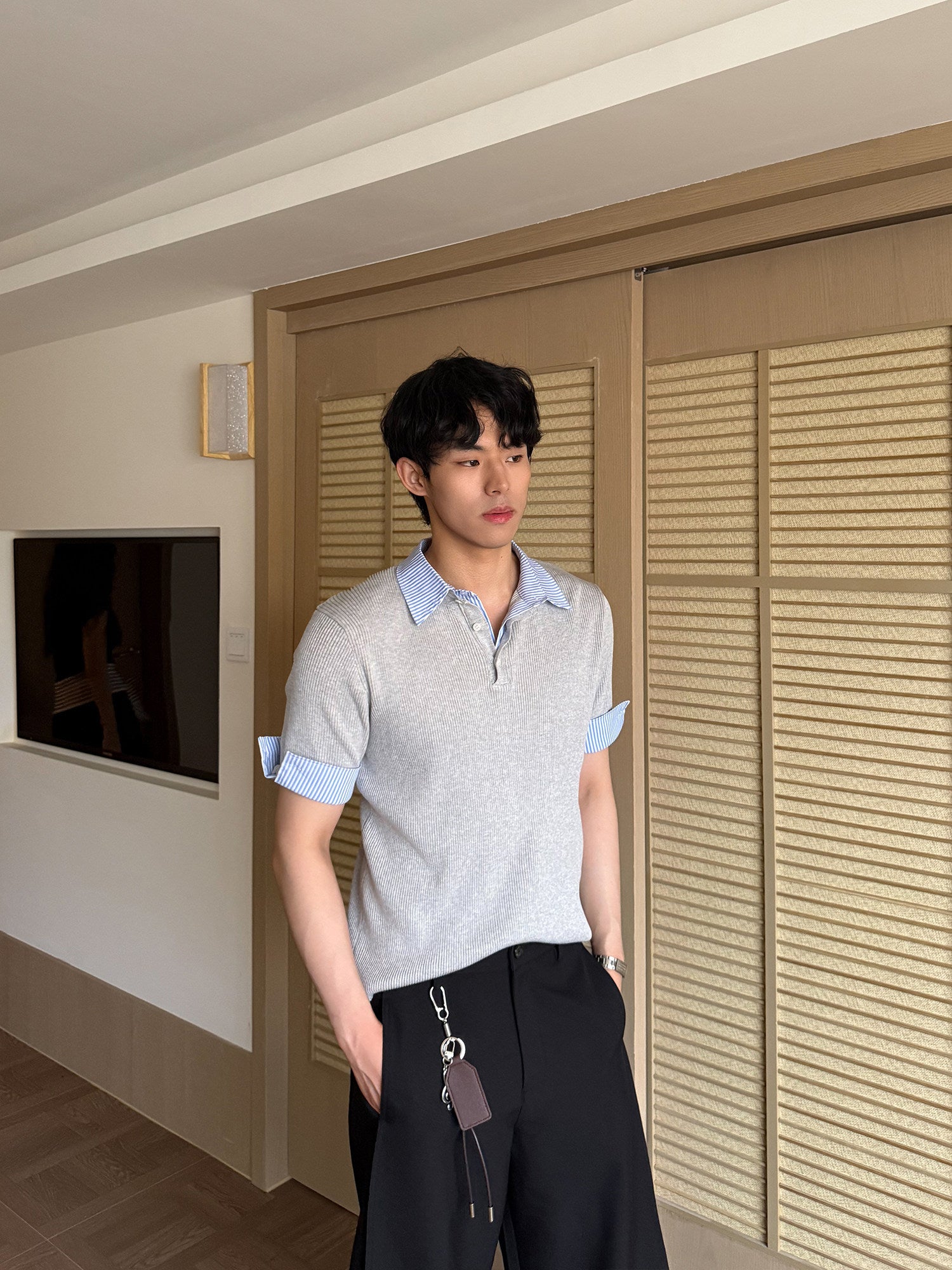 Fake Layered Stripe Collar Short Sleeve Polo Shirt WN24899