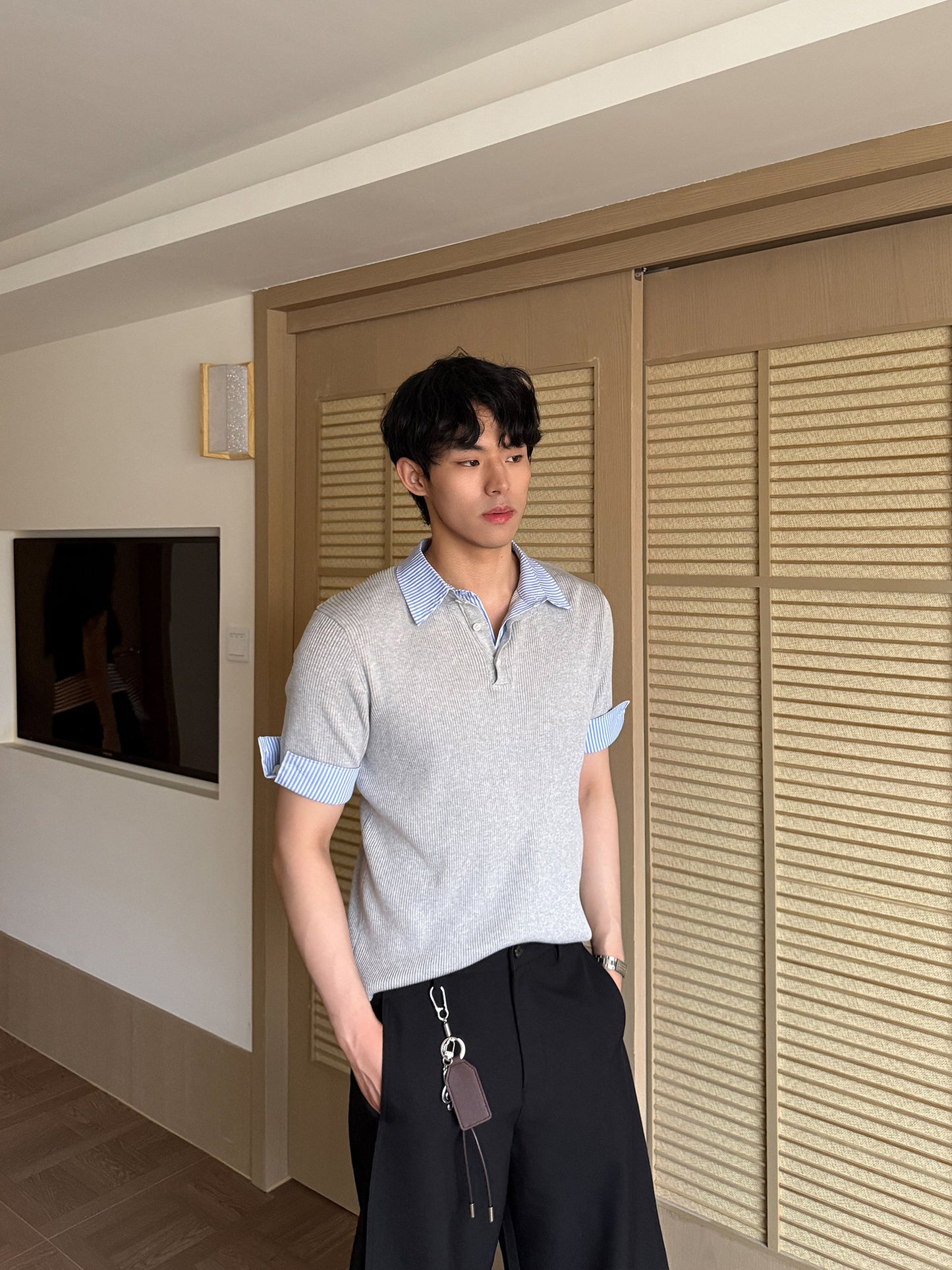 Fake Layered Stripe Collar Short Sleeve Polo Shirt WN24899