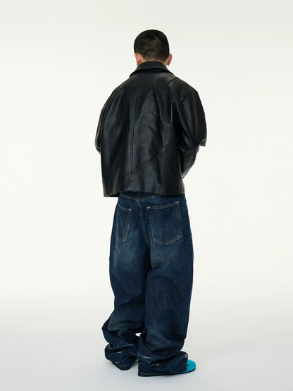 Washed Wave Pattern Wide Leg Baggy Denim Jeans WN16989