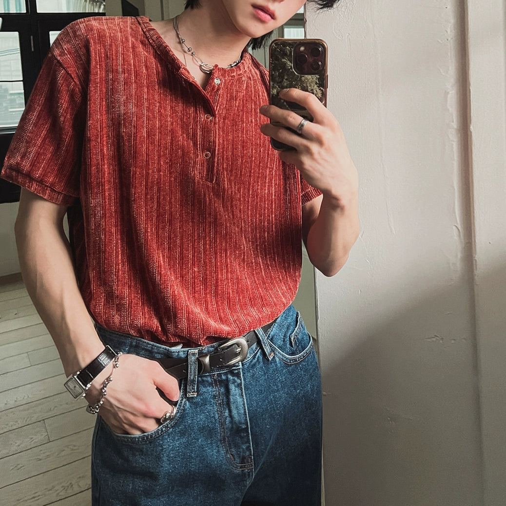 Henley Neck Plain Design Short Sleeve T-Shirt WN20269