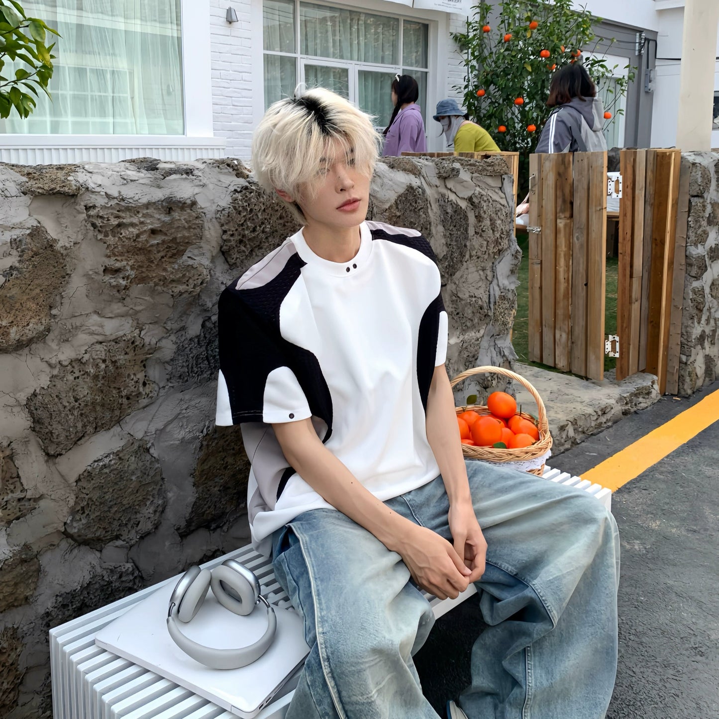 Color Block Panel Sporty Shoulder-Pad Oversize Short Sleeve T-Shirt WN19896