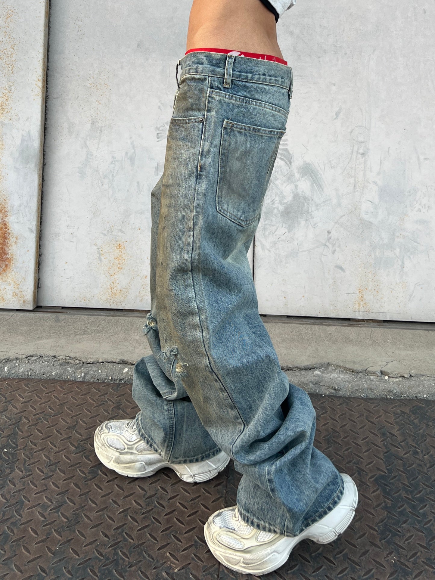 Washed Damage Wide Leg Denim Jeans WN24111