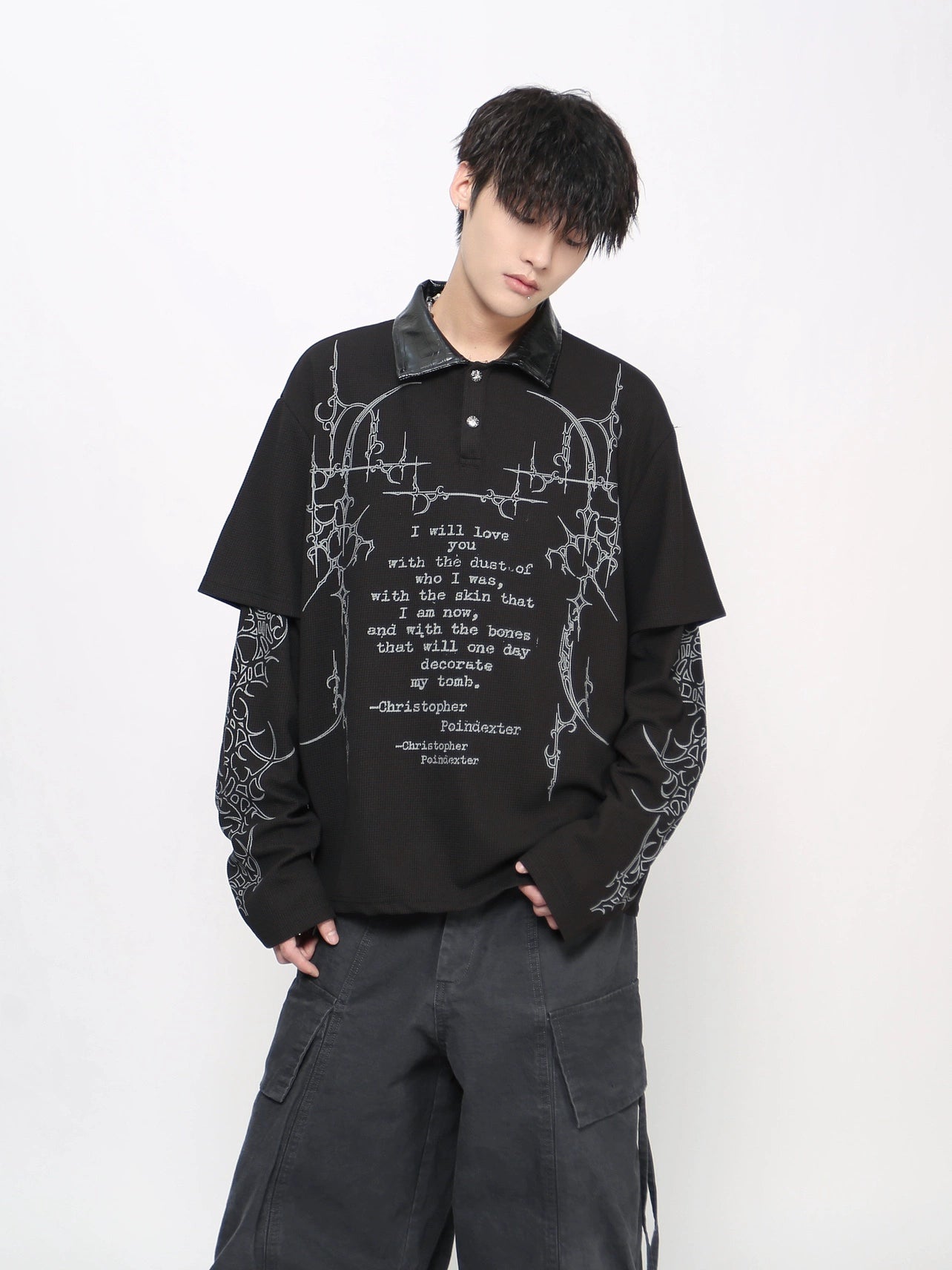 Gothic Print Fake Layered Waffle Long Sleeve T-Shirt WN21030