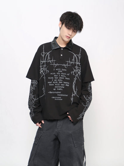 Gothic Print Fake Layered Waffle Long Sleeve T-Shirt WN21030