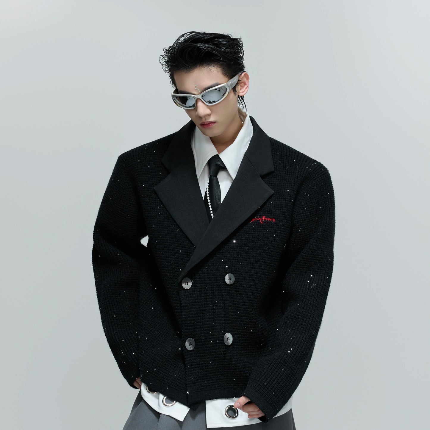 Sequin Textured Deep V Double-Breasted Knit Jacket WN21699