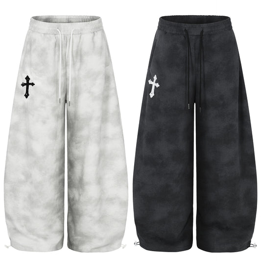 Cloud Washed Cross Embroidery Wide Leg Sweaet Pants WN25527