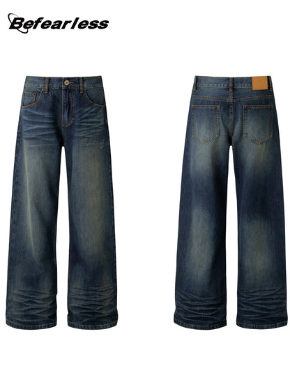 Heavyweight Washed Whisker Straight Flare Denim Jeans WN26318