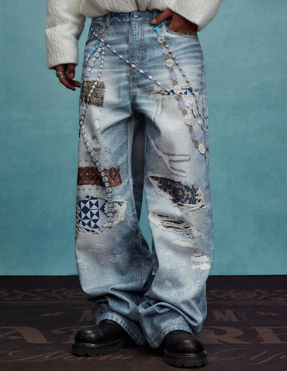 Chain Detail Ethnic Print Wide Leg Denim Jeans WN23243