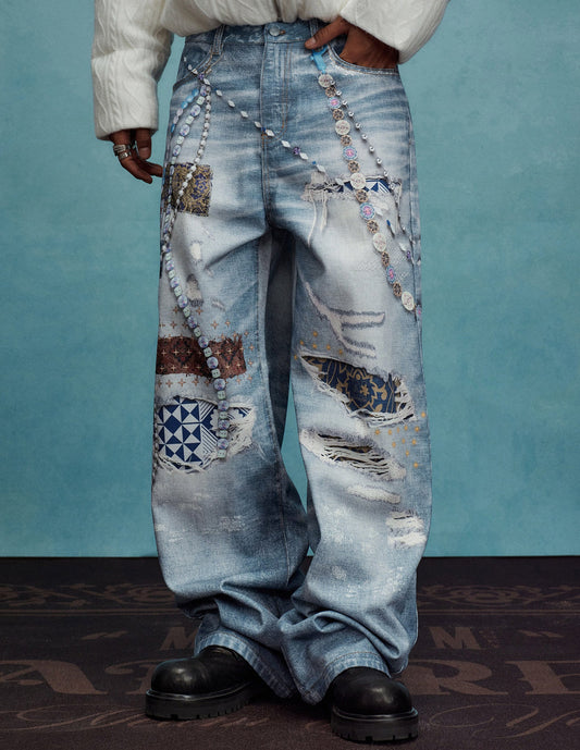 Chain Detail Ethnic Print Wide Leg Denim Jeans WN23243