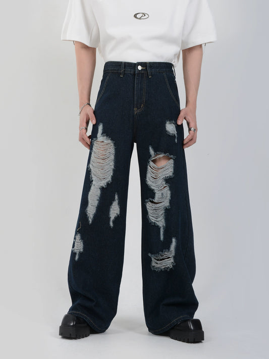 Damage Wide-Leg Straight Denim Jeans WN7109