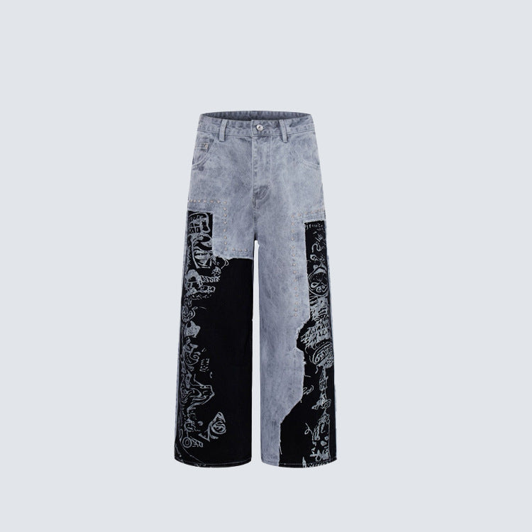 Two-Tone Graphic Panel Studs Wide Leg Denim Jeans WN27813