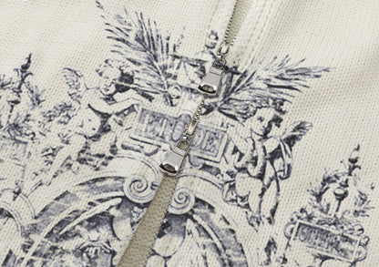 Statue Print Colorblock Patchwork High-Neck Knit Cardigan WN11510