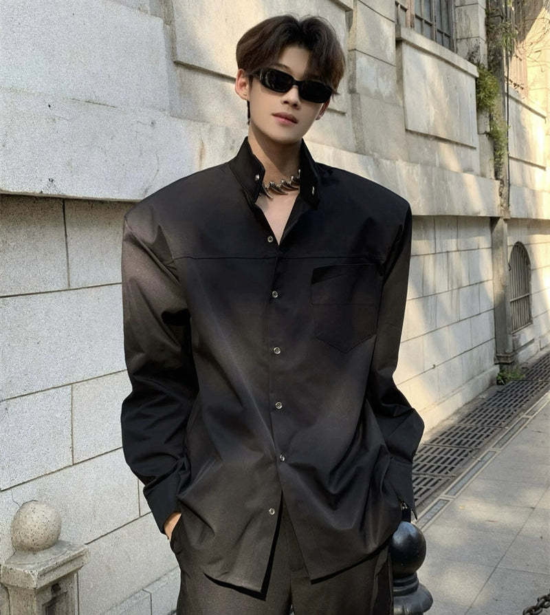 Shoulder-Pad Standing-Collar Long Sleeve Shirt WN20049