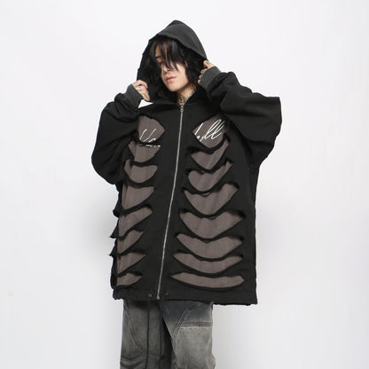 Hollow-Out Damage Design Zipper Hoodie WN10954