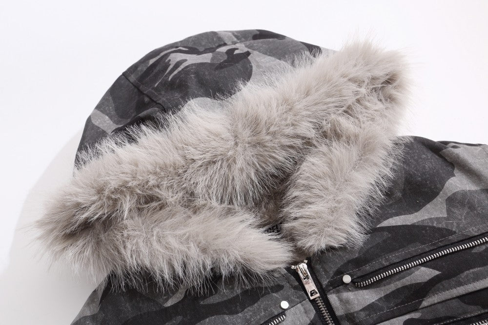 Camouflage Fake Fur Collar Multi-Zipper Short Puffer Jacket WN27891