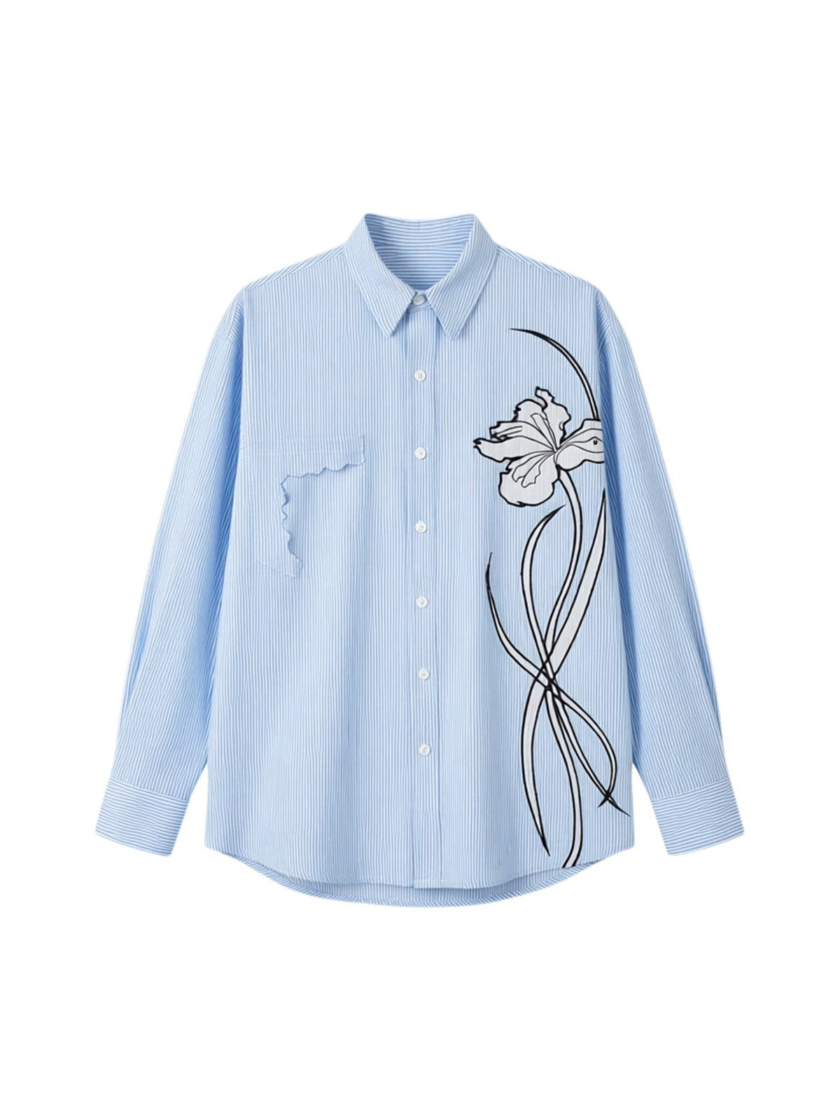Iris Applique Embroidery Striped Oversize Long Sleeve Shirt WN23844