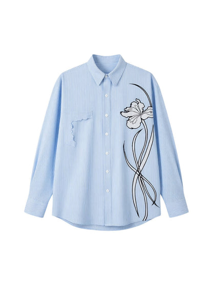 Iris Applique Embroidery Striped Oversize Long Sleeve Shirt WN23844