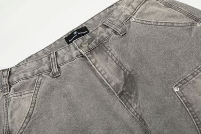 Dirty Washed Damage Panel Wide Leg Denim Jeans WN25917