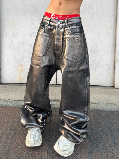 Metallic Glossy Wide Leg Denim Jeans WN24062