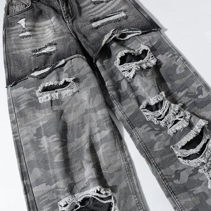 Camouflage Patchwork Washed Damage Wide-Leg Denim Jeans WN11276