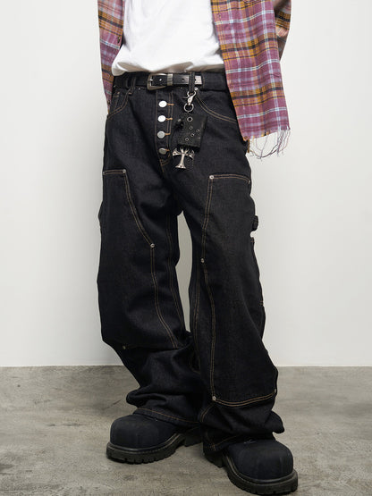 Metal Button Decor Straight Wide Leg Denim Jeans WN22940