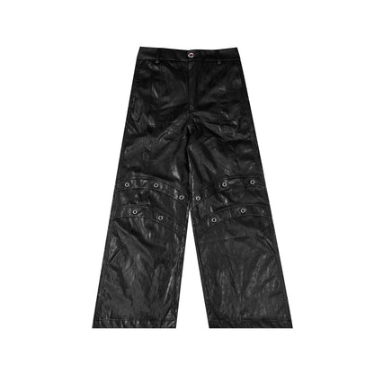 Metal Ring Design PU Leather Jacket & Wide-leg PU Leather Pants Setup WN5054