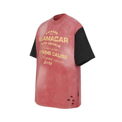 Letter Print Patchwork Wash Damage Short Sleeve T-Shirt WN25598