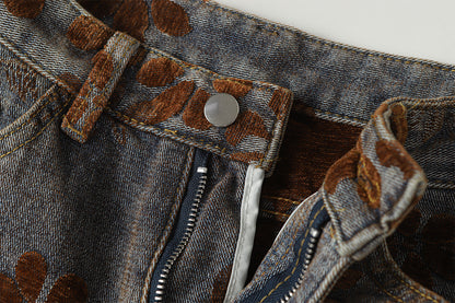 Flocked Wide Leg Curved Denim Jeans WN23031