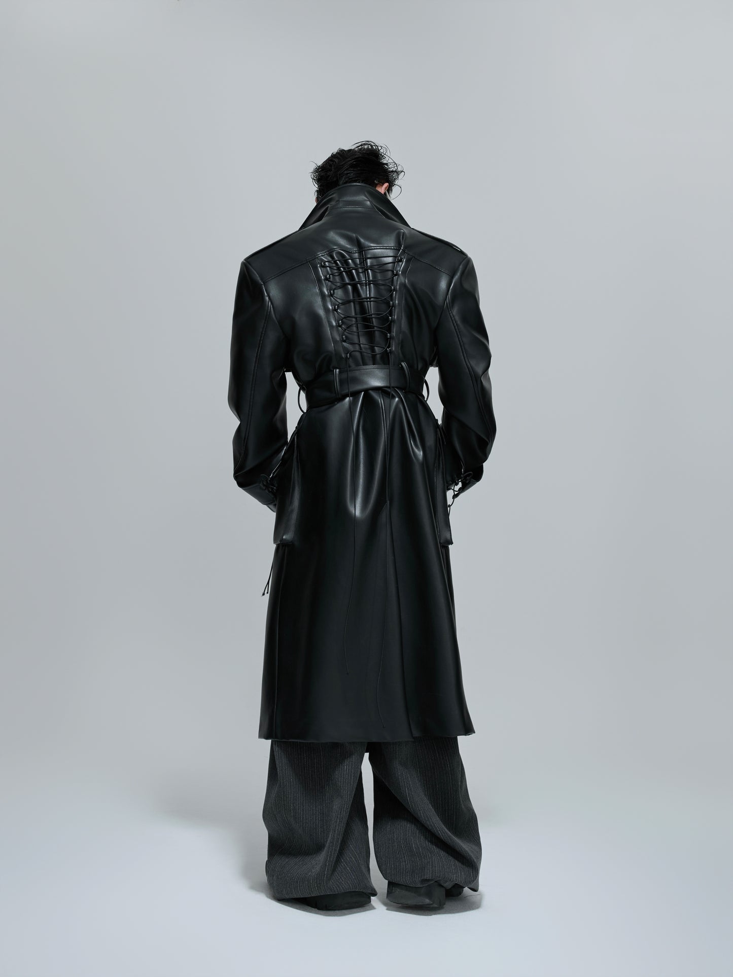 Deconstructed Shoulder-Pad PU Leather Coat WN21707