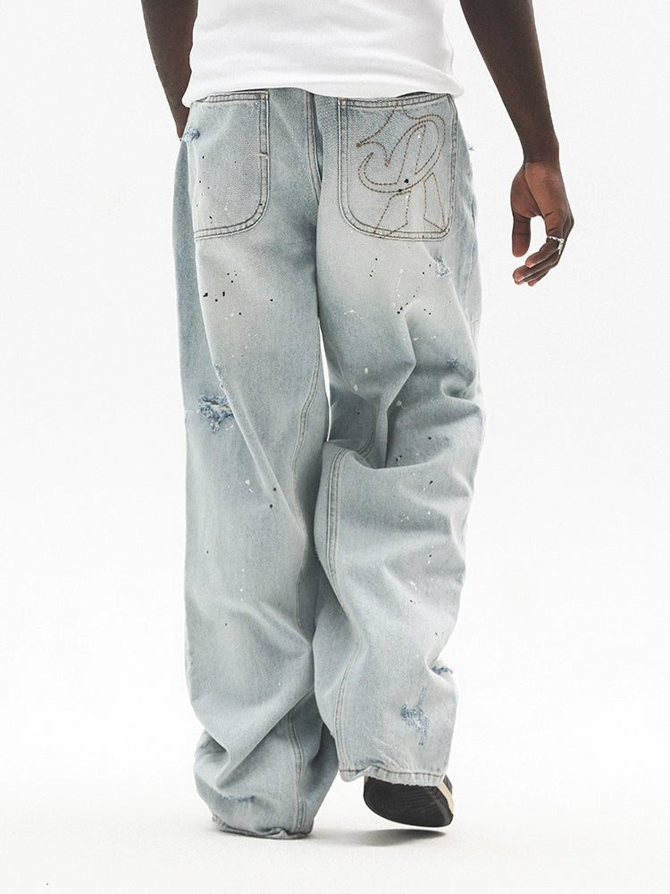 Damage Center Seam Washed Wide Leg Denim Jeans WN17791