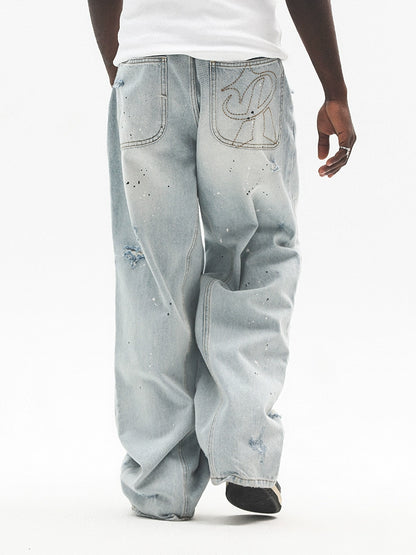 Damage Center Seam Washed Wide Leg Denim Jeans WN17791