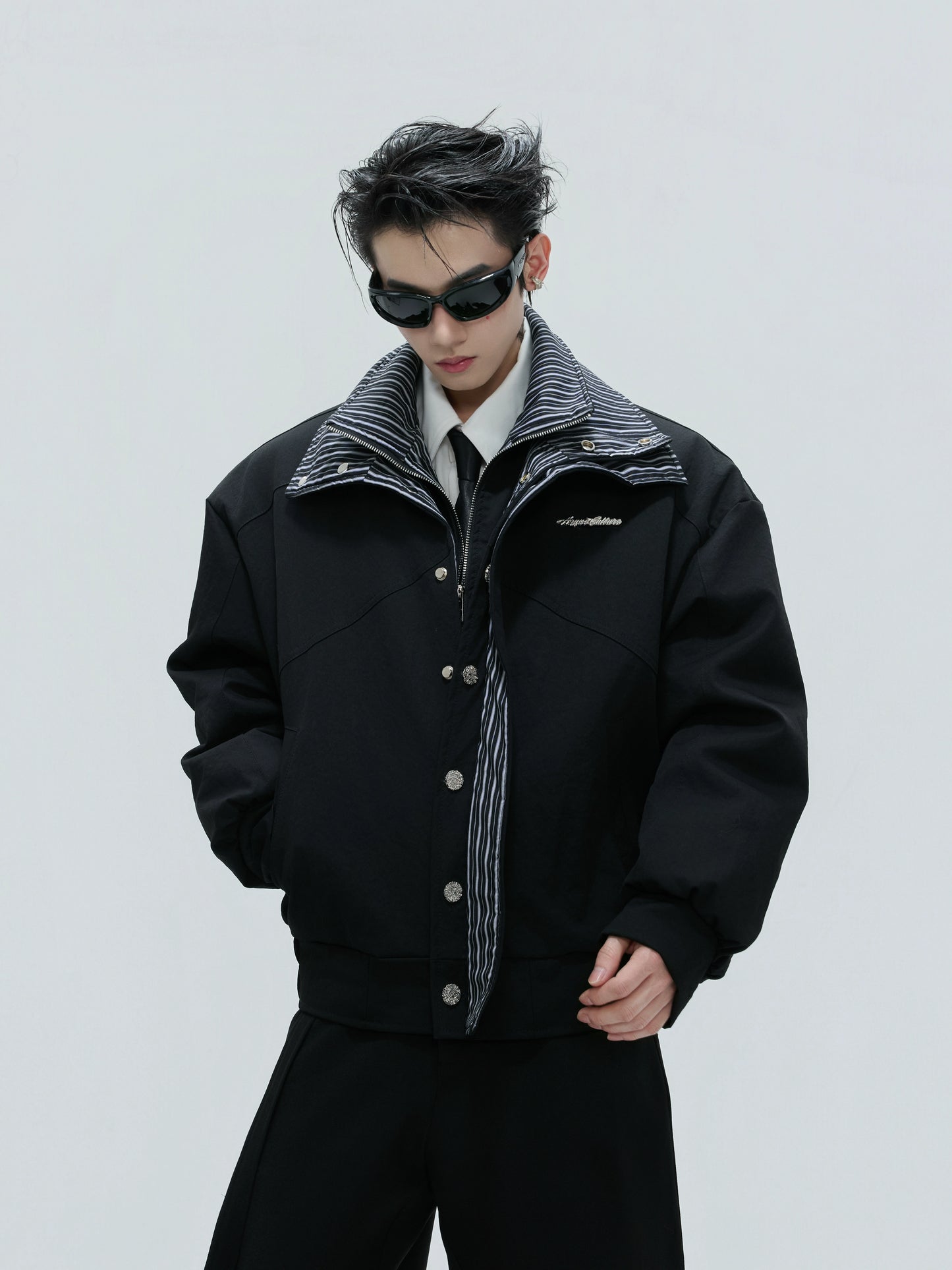 Washed Stripe Fake Layered Double Collar Puffer Jacket WN21725