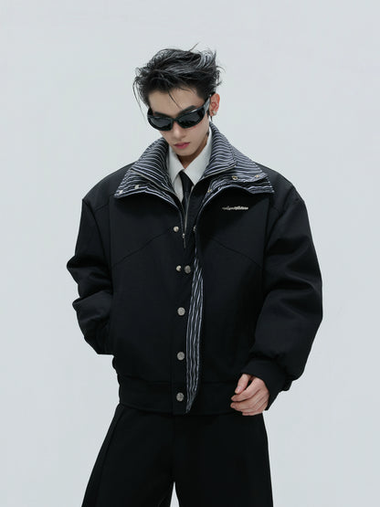 Washed Stripe Fake Layered Double Collar Puffer Jacket WN21725
